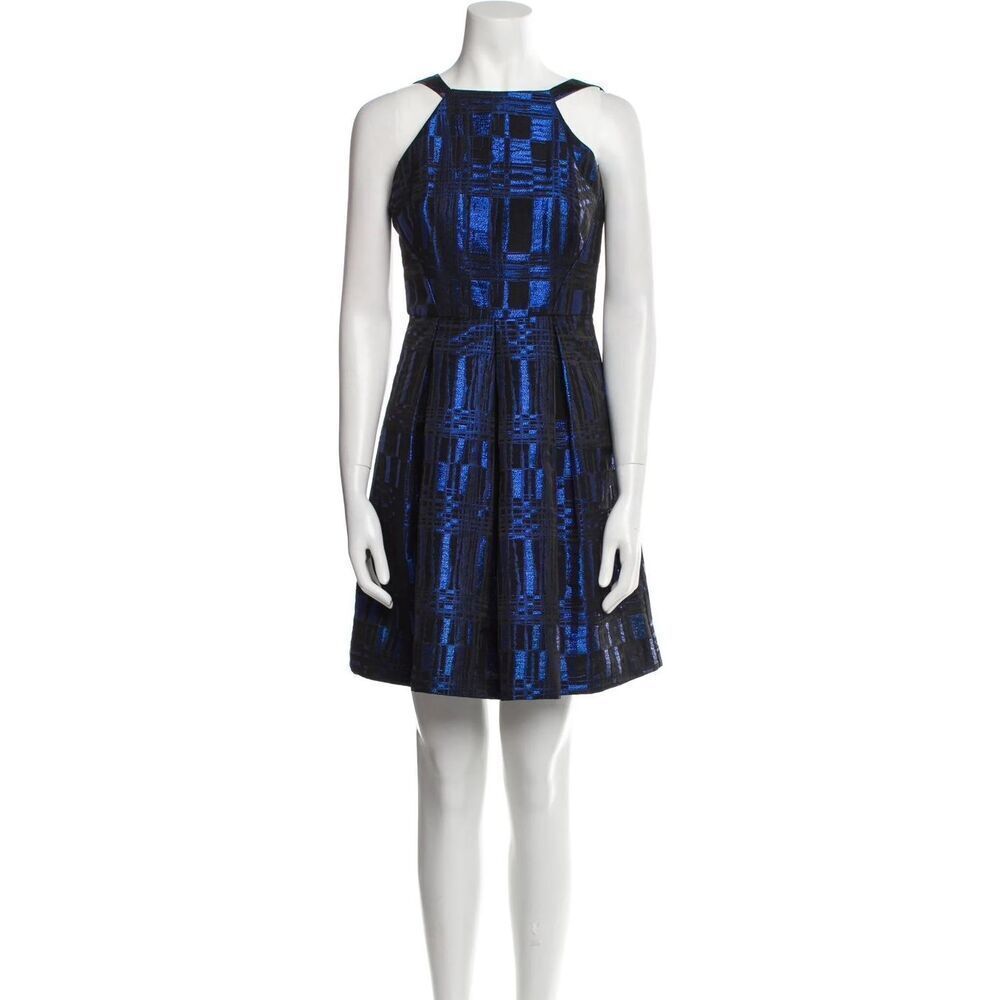 Eva Franco Blue Metallic Plaid A-Line Mini Dress Women’s XS